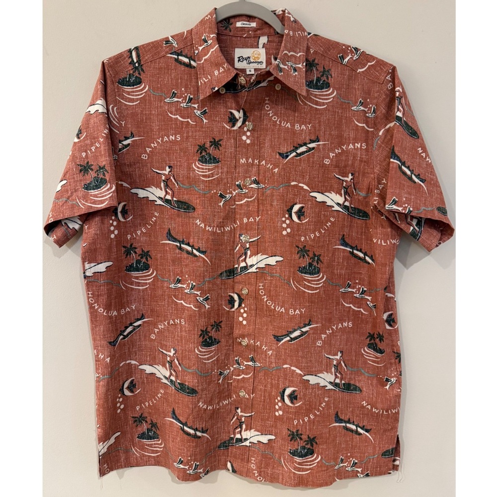 Reyn Spooner Mens Small Ocean Chillin Surf Print Button Down Shirt Red S